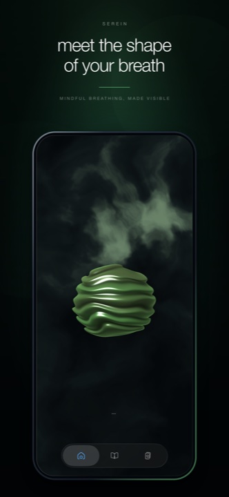 Serein orb screen — a green glass orb shaped by one breath